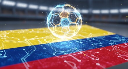 A futuristic, glowing hologram of a soccer ball hovers above the national flag of Colombia on a stadium field. Concept for sports technology, virtual championships, and national pride