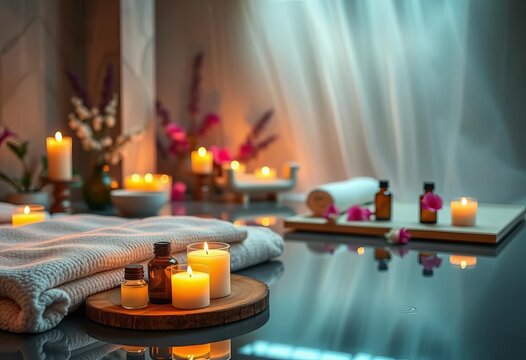 Serene spa setting with candles and essential oils,  wellbeing,  meditation
