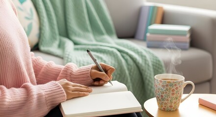A woman's quiet moment of reflection, engaging in therapeutic journaling to nurture mental health and personal well-being in a cozy setting