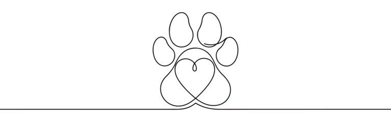 Continuous one-line drawing of a paw print with a heart integrated into its design, symbolizing love for pets, animal care, and companionship in a minimalist style.