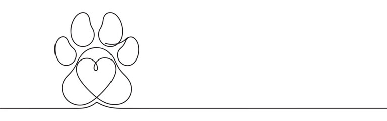 Continuous one-line drawing of a paw print with a heart integrated into its design, symbolizing love for pets, animal care, and companionship in a minimalist style.