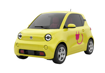Isolated yellow electric car with plug symbol stands ready for sustainable transportation
