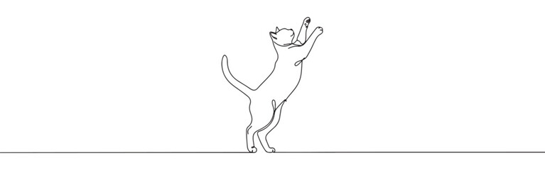 Minimalist continuous line art of a cat standing on hind legs with paws raised, in a playful pose.