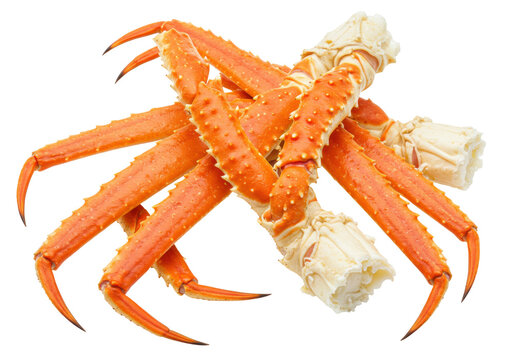 Isolated cooked Alaskan king crab legs, a savory delicacy on a plain, neutral background