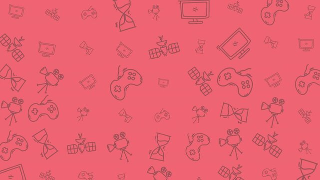 Red background with icons of tvs, game consoles, and satellites. Suitable for technology related designs and projects. Ideal for digital media.