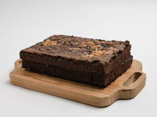 Chocolate cake or chocolate steamed brownie on white background