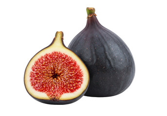 Isolated halved fig fruit next to a whole fig, showcasing its juicy interior and dark peel