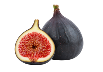 Isolated halved fig fruit next to a whole fig, showcasing its juicy interior and dark peel