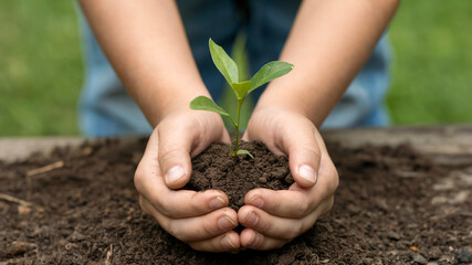 Hands holding soil with small green plant symbolizing growth and sustainability