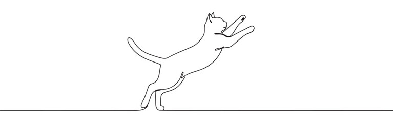 Minimalist continuous line art of a cat standing on hind legs with paws raised, in a playful pose.
