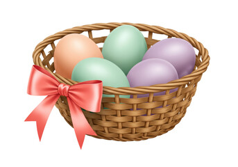 Isolated Easter basket filled with pastel eggs, adorned with a ribbon for holiday cheer