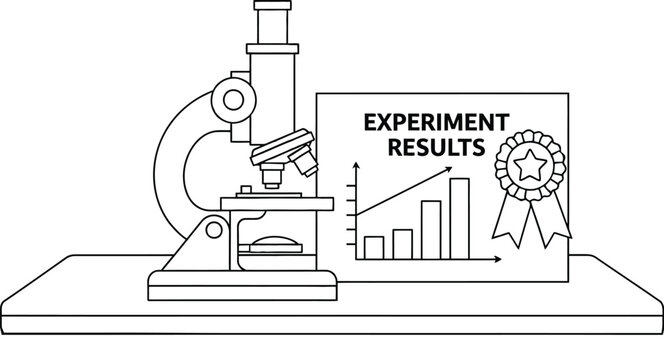 Cartoon science fair table with microscope and results chart