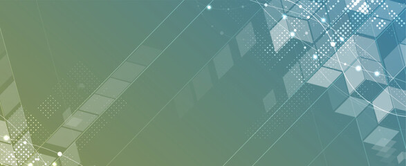 Futuristic science and technology header with interconnected molecular structures and light pulses