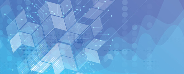 Futuristic science and technology header with interconnected molecular structures and light pulses