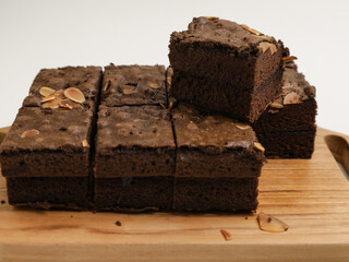 Chocolate cake or chocolate steamed brownie on white background