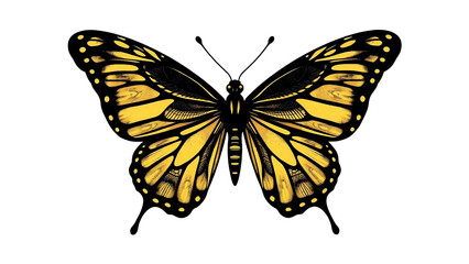 Naklejka premium Elegant yellow butterfly with detailed wing pattern in a clean line art style, isolated on transparent background for nature and craft projects.