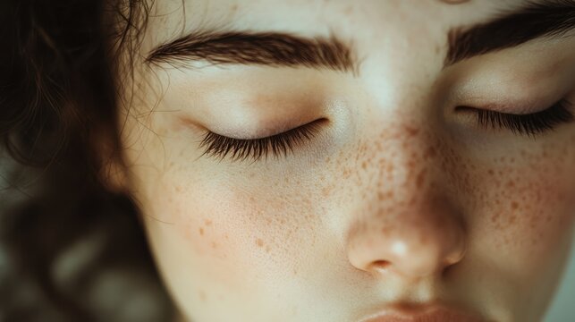 Close-up of a person's face with eyes closed, showcasing natural beauty and delicate features in soft lighting