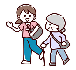 シンプル画　シニア女性に同行する女性
