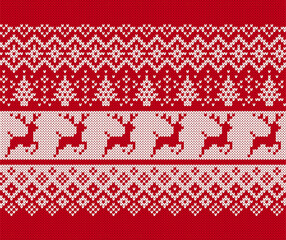 Red Christmas ornaments with deers and trees. Xmas seamless knit texture. Holiday fair traditional pattern. Knitted red sweater background. Festive winter print. Wool pullover vector illustration.