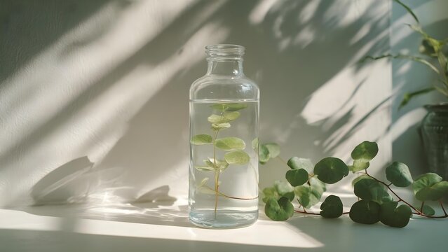 Clear glass bottle filled with water and a small leafy stem, set against a sunlit background with trailing green vines. Concept Minimalist botanical still life, Sunlit glass bottle