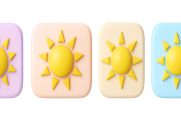Cheerful sunshine icons for weather apps and summer designs in pastel colors, perfect for bringing a bright, happy vibe to any project with these trendy, eye-catching elements