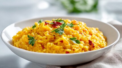 A minimalist bowl of pumpkin risotto on white background, clean layout, copy space