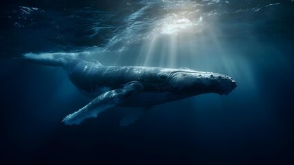 Fototapeta premium A large whale gliding underwater through the deep blue ocean, sunlight streaming through the surface. Concept Whale Underwater Glide, Deep Blue Ocean Light Beams, Sunlight Through Surface