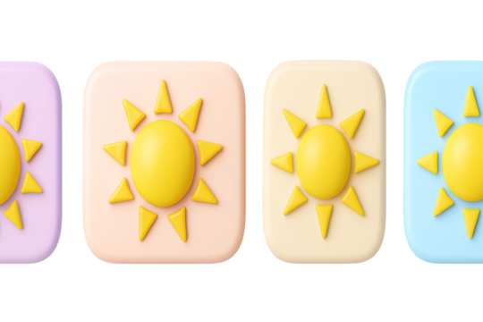 Cheerful sunshine icons for weather apps and summer designs in pastel colors, perfect for bringing a bright, happy vibe to any project with these trendy, eye-catching elements
