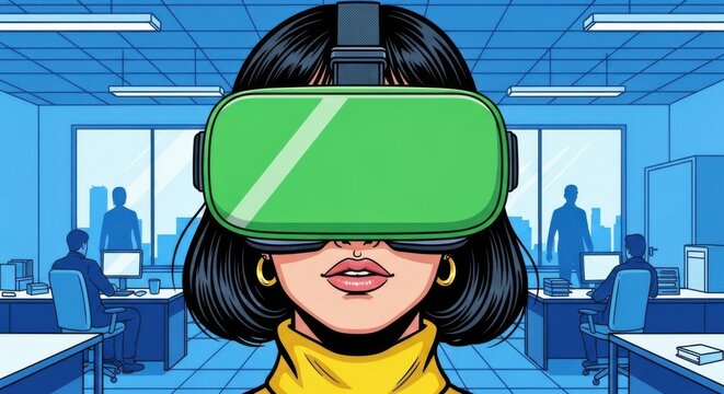 Woman using virtual reality headset in modern office environment during daytime with coworkers in the background