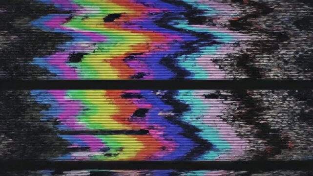 Distorted Television Signal with Static and Color Bars for Retro Aesthetic.