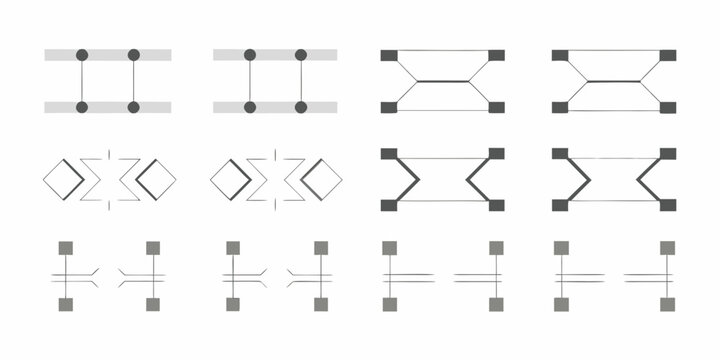 A collection of abstract geometric diagrams representing connections and data flow