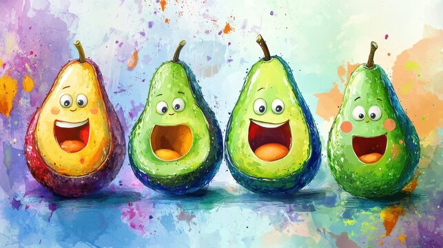 Three cheerful avocados and one pear in playful studio setting