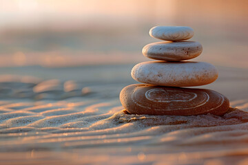 Zen Stones Serenity Four Smooth Stones Stacked on Beach Sand in Golden Light