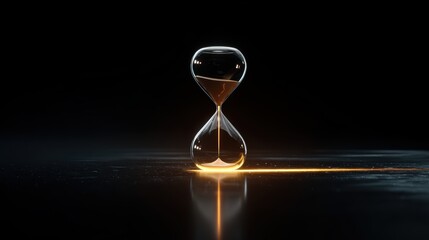 Hourglass with flowing sand on a reflective surface against a dark background