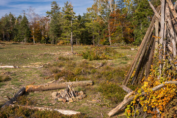An improvised wilderness shelter made of branches with a campfire pit in front, built by hand in a forest clearing. A rustic survival and camping scene.

