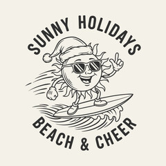 Obraz premium Sunny Holidays Beach Cheer Surfing Sun Wearing Santa Hat and Sunglasses.