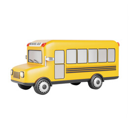Yellow school bus, city public transport for transportation kids. Cartoon 3d render of autobus, schoolbus for children travel excursion, vehicle side view isolated on blue background
