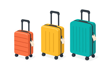 Vibrant orange, yellow, and teal rolling suitcases ready for airport departure