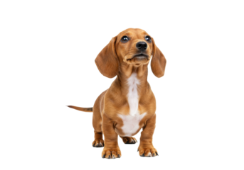 Isolated Dachshund puppy stares upward attentively with beautiful brown fur and floppy ears