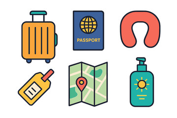 Collection of essential travel accessories including suitcase, passport, map, and neck pillow