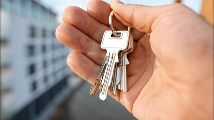 Hand gripping keys, residential complex backdrop highlighting property investment and homeownership milestone