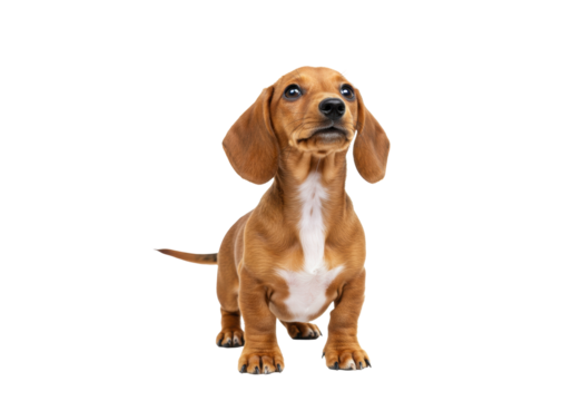 Isolated Dachshund puppy stares upward attentively with beautiful brown fur and floppy ears