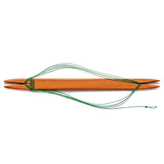 A wooden, rectangular item is secured with green, flowing strings against a solid black background