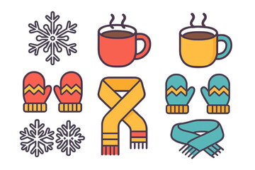 Cozy winter essentials set with steaming mugs, knitted scarves, warm mittens, and falling snowflakes