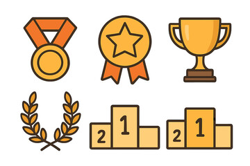 Set of gold awards including winner's medal, trophy cup, laurel wreath, and podium icons