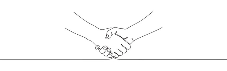 Minimalist continuous line art of a handshake, symbolizing partnership, agreement, and cooperation.