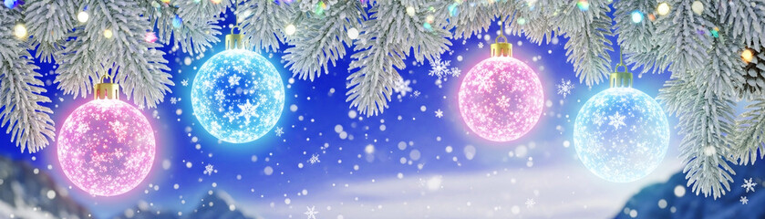 A New Year's tree with magical, self-luminous, multicoloured baubles in a snowy winter sky. Snowfall. A Christmas mood, nature. Background, greeting card, banner, or social media post.