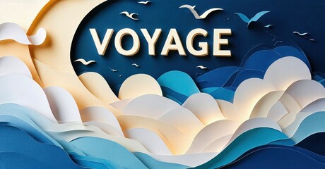 Obraz premium Papercraft ocean scene. Waves, sun, birds create serene voyage theme. Blue, white hues dominate composition. Peaceful, calming imagery.