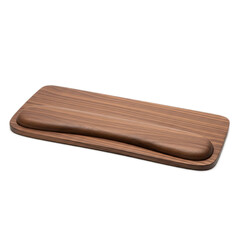 A wooden wrist rest with an ergonomic design is placed on a rectangular base, blending form and function for comfortable support