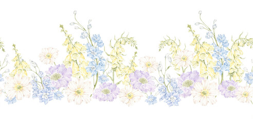 Watercolor floral border with blue delphinium, yellow foxglove and white daisies isolated on transparent background © Nastya Chay